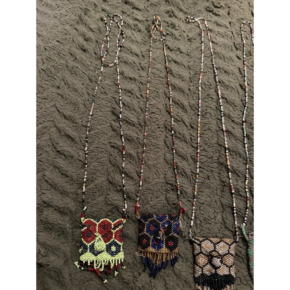 Vintage Hand-Beaded Amulet Medicine Pouch on Beaded Necklace and Fringe Lot Of 7